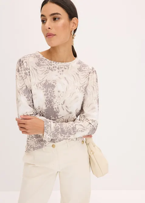Langarmshirt mit Struktur in beige von vorne (im Anschnitt) - bonprix