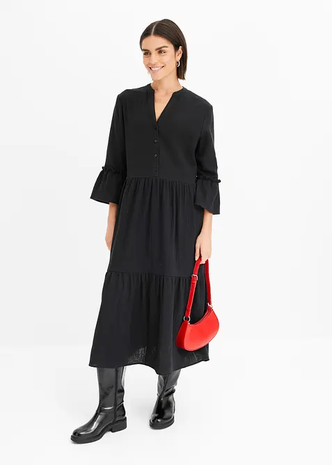 Midikleid aus weichem Musselin in schwarz im Look von vorne (Totalaufnahme) - bonprix