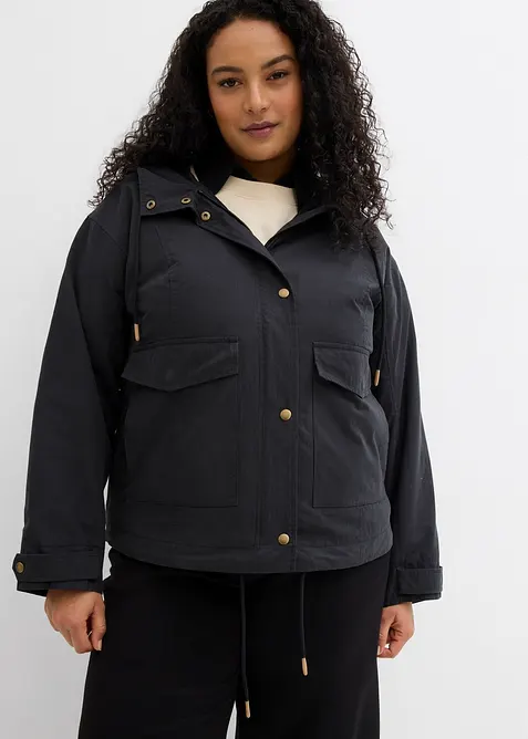 Übergangsjacke mit Kapuze in schwarz von vorne (im Anschnitt) - bonprix