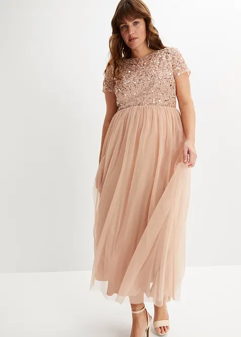 Maxikleid mit Paillettenstickerei in rosa von vorne (Totalaufnahme) - bonprix
