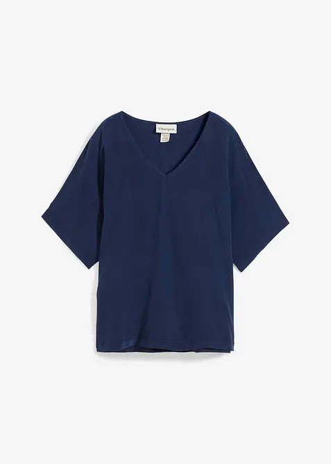 Shirt mit Seidenanteil und Webeinsatz in blau von vorne - bonprix