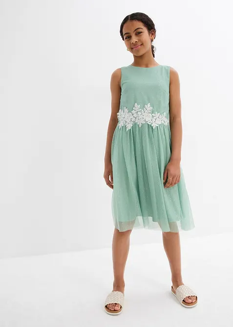 Midikleid mit Spitzenbesatz in grün von vorne (Totalaufnahme) - bonprix