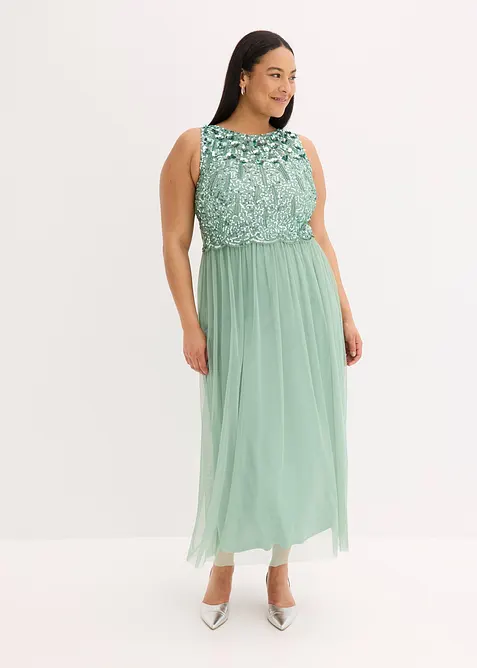 Maxikleid mit Paillettenstickerei in grün von vorne (Totalaufnahme) - bonprix