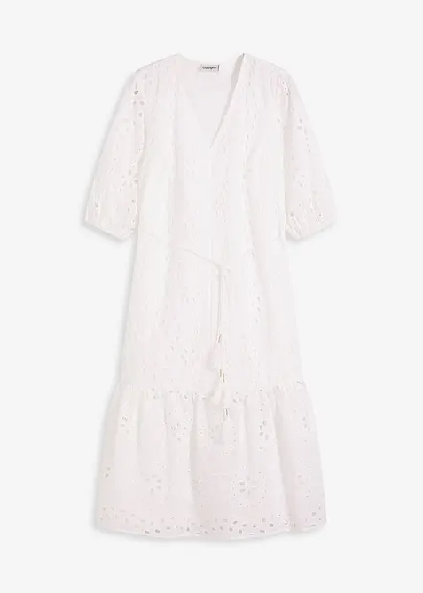 Midikleid aus reiner Baumwolle mit Lochstickerei in weiß von vorne - bonprix