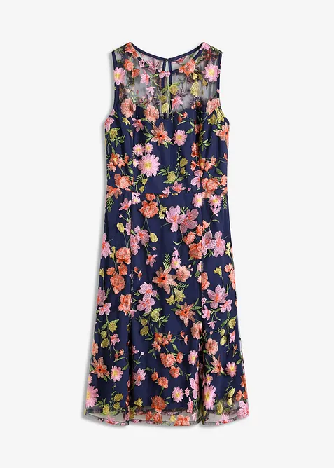 Midikleid mit floraler Stickerei in blau von vorne - bonprix