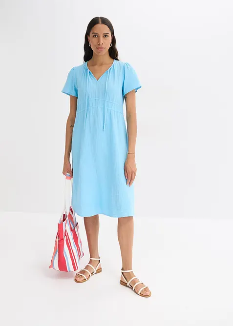 Musselin-Tunika-Kleid aus reiner Baumwolle in blau im Look von vorne (Totalaufnahme) - bonprix