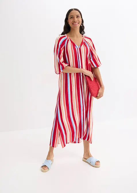 gestreiftes Kaftan-Kleid aus strukturierter Viskose in rot im Look von vorne (Totalaufnahme) - bonprix