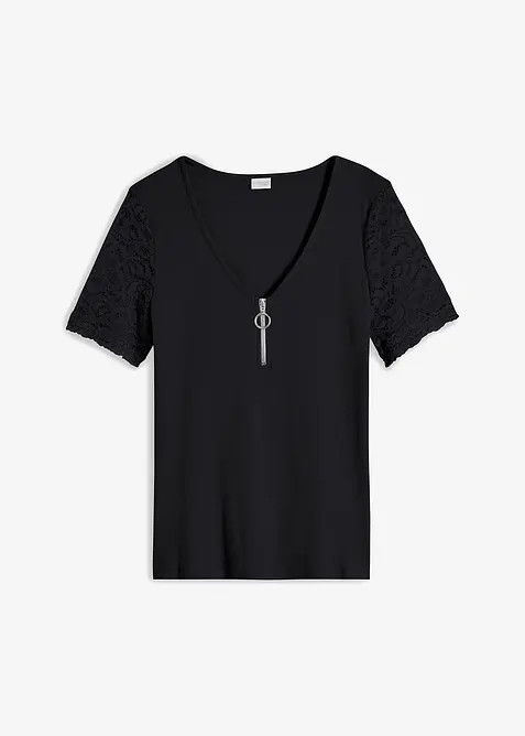 Rippshirt aus Baumwolle in schwarz von vorne - bonprix