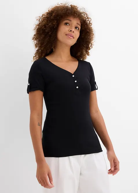 Henleyshirt aus reiner Bio-Baumwolle in schwarz von vorne (im Anschnitt) - bonprix