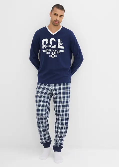 Pyjama mit Baumwolle und langen Ärmeln in blau von vorne (Totalaufnahme) - bonprix