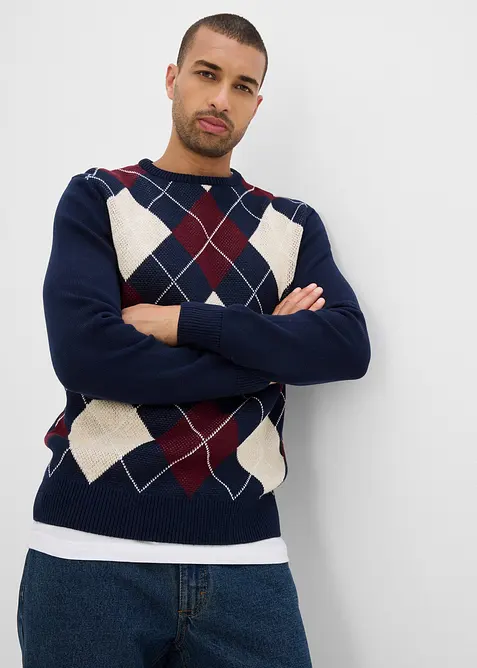 Feinstrickpullover aus reiner Baumwolle in blau von vorne (im Anschnitt) - bonprix