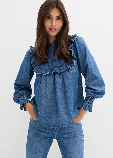 Jeansbluse mit Rüschen in blau von vorne (im Anschnitt) - bonprix