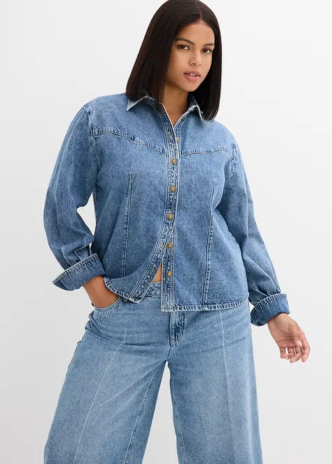 Jeansbluse aus reiner Baumwolle in blau von vorne (im Anschnitt) - bonprix