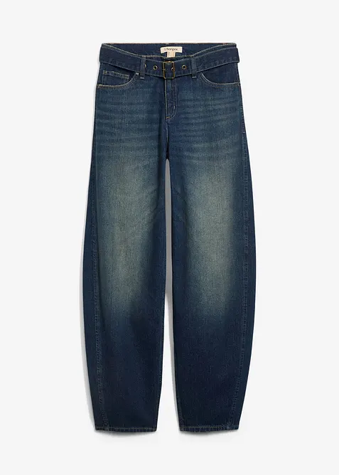 Barrel-Jeans Mid Waist mit Gürtel in blau von vorne - bonprix