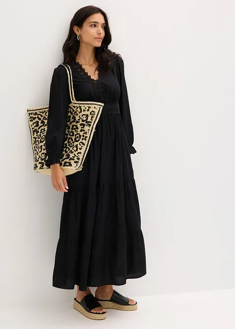 Maxikleid aus reiner Viskose in schwarz im Look von vorne (Totalaufnahme) - bonprix