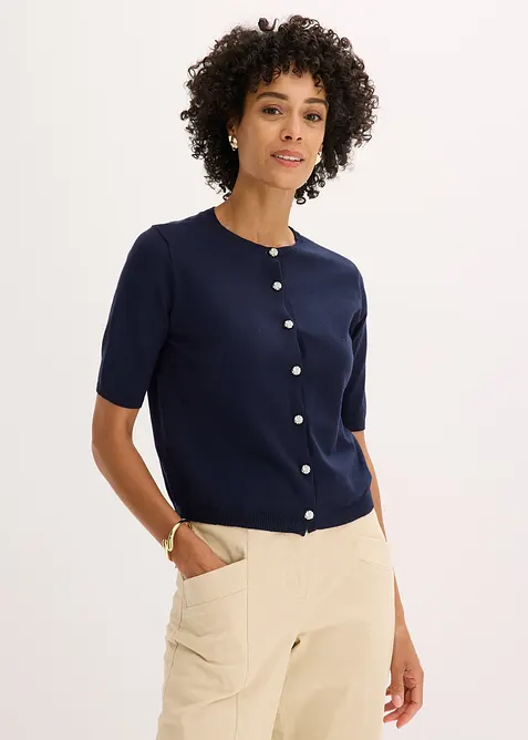 Feinstrickjacke aus feinem Viskose-Mix in blau von vorne (im Anschnitt) - bonprix