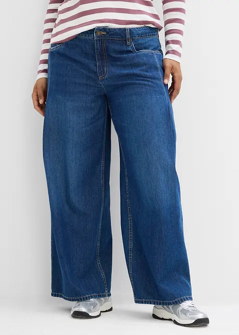 Wide-Leg-Jeans Mid Waist in blau von vorne - bonprix