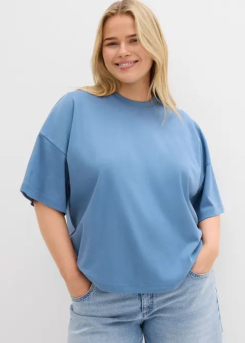 Kurzes Oversize-Shirt aus reiner schwerer Bio-Baumwolle in blau von vorne (im Anschnitt) - bonprix