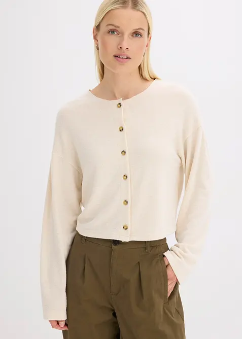 Gerippte Feinstrickjacke in beige von vorne (im Anschnitt) - bonprix