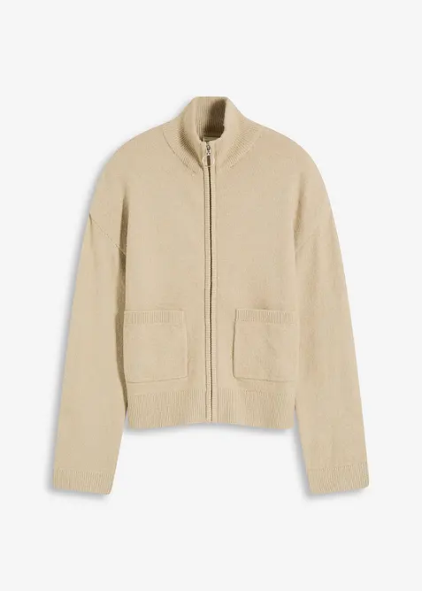 Strickjacke mit Reißverschluss in beige von vorne - bonprix