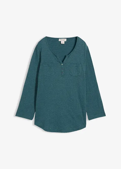 Baumwoll-Henleyshirt mit Knopfleiste in petrol von vorne - bonprix