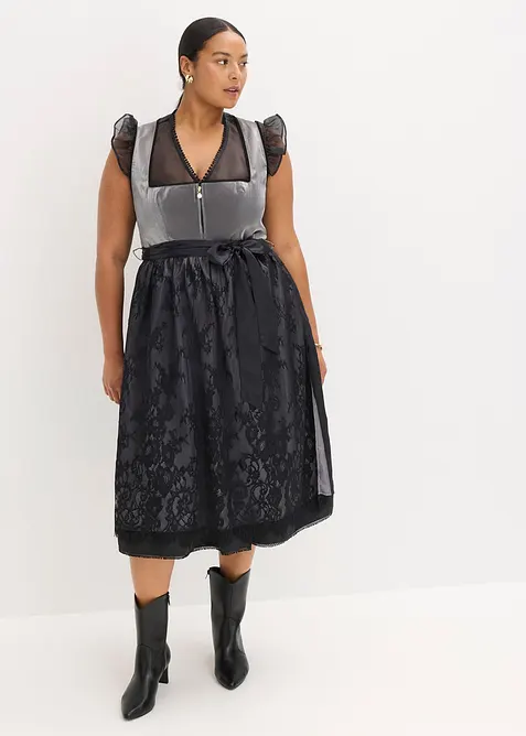 Dirndl mit glänzendem Mieder (2-tlg.Set) in schwarz von vorne (Totalaufnahme) - bonprix