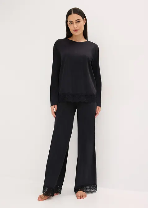 Pyjama aus weicher Baumwolle in schwarz von vorne (Totalaufnahme) - bonprix