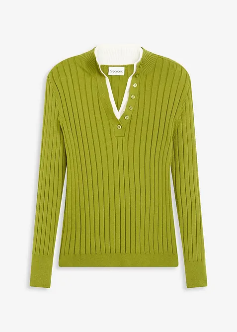 Gerippter Feinstrickpullover mit Viskose in 2 in 1 Optik in grün von vorne - bonprix