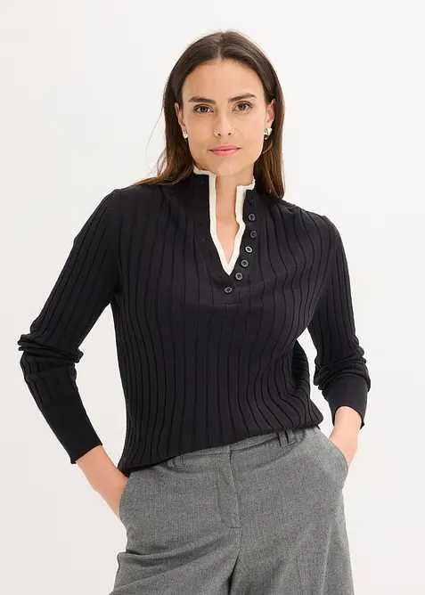 Gerippter Feinstrickpullover mit Viskose in 2 in 1 Optik in schwarz von vorne (im Anschnitt) - bonprix