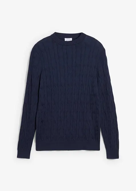 Feinstrickpullover mit Zopfmuster in blau von vorne - bonprix