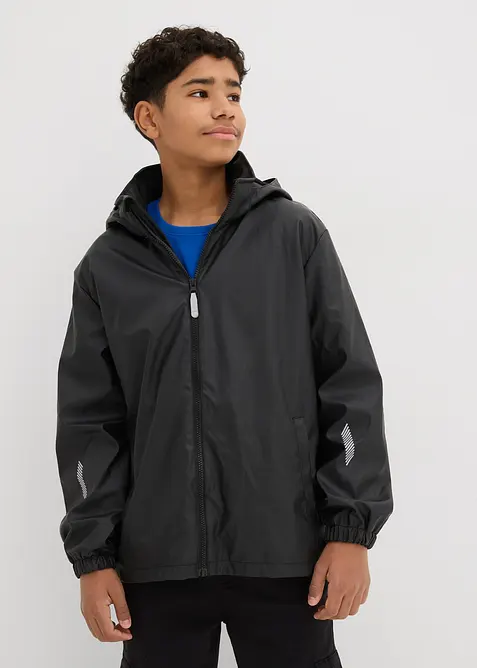 Thermo-Regenjacke mit Fleecefutter und abnehmbarer Kapuze in schwarz von vorne (im Anschnitt) - bonprix