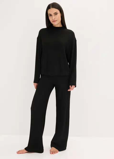 Weit geschnittener Loungewear Hausanzug aus weicher Rippe in schwarz von vorne (Totalaufnahme) - bonprix