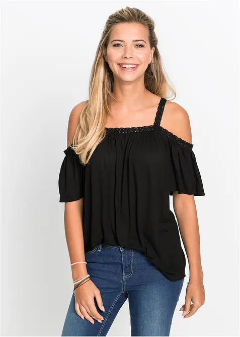 Cold-Shoulder-Shirt aus softer Viskose in schwarz von vorne (im Anschnitt) - bonprix