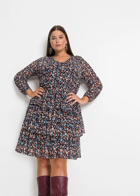 Minikleid aus Mesh mit V-Ausschnitt in schwarz von vorne (Totalaufnahme) - bonprix