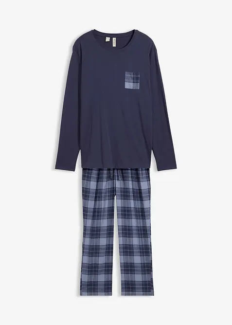 Herren Pyjama mit Flanellhose aus weicher Baumwolle in blau von vorne - bonprix