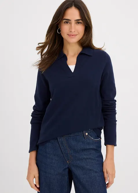 Strick-Poloshirt aus feiner Viskose in blau von vorne (im Anschnitt) - bonprix