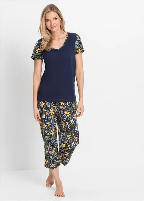 Capri Pyjama mit kurzen Ärmeln aus reiner Baumwolle in blau von vorne (Totalaufnahme) - bonprix