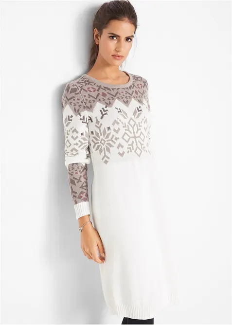 Strickkleid mit Norwegermuster aus Baumwoll-Mix in weiß von vorne (Totalaufnahme) - bonprix