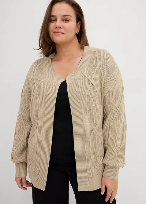 Strickjacke mit Zopfmuster in beige von vorne (im Anschnitt) - bonprix