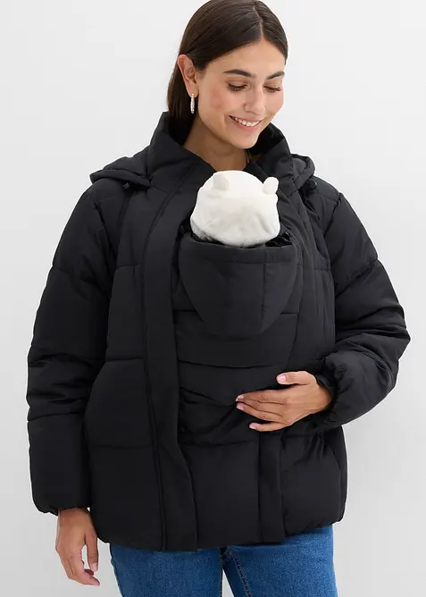 3-in-1-Umstands-Pufferjacke mit Trageeinsatz, wasserabweisend in schwarz von vorne (im Anschnitt) - bonprix