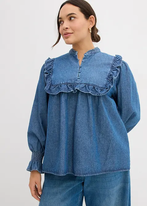 Jeansbluse mit Rüschen in blau von vorne (im Anschnitt) - bonprix