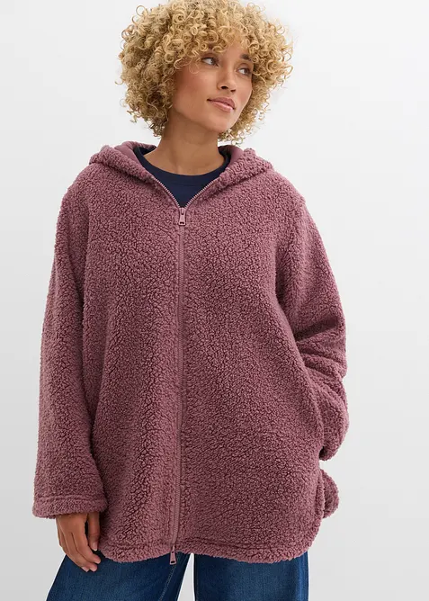 Teddy-Fleece-Jacke in A-Linie mit Seitenschlitzen in lila von vorne (im Anschnitt) - bonprix
