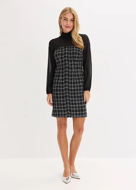 Minikleid aus Bouclé mit Chiffon Ärmeln in schwarz von vorne (Totalaufnahme) - bonprix