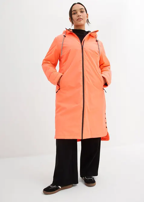 wasserdichter, wattierter Regenmantel in Midi-Länge in orange von vorne (Totalaufnahme) - bonprix