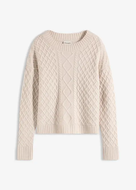 Pullover mit Zopfmuster in beige von vorne - bonprix