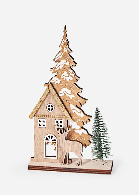 Deko-Objekt Haus mit Tannenbäumen in beige von vorne - bonprix