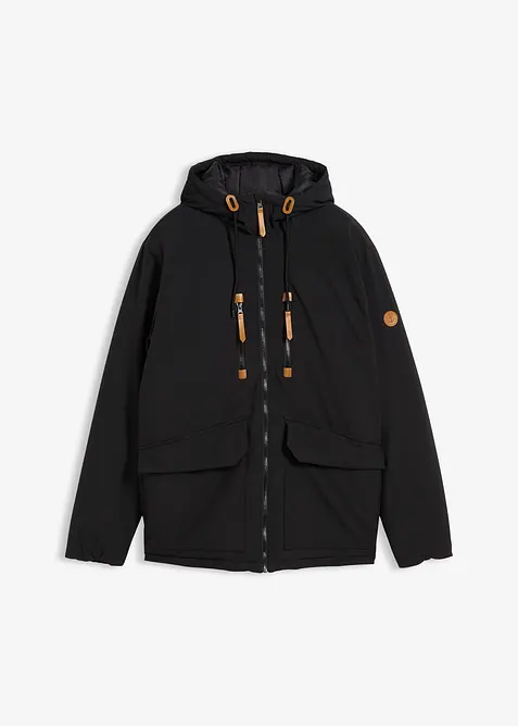 Winterjacke mit Lederimitat-Details in schwarz von vorne - bonprix