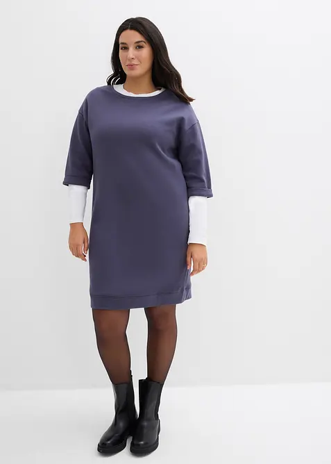 Sweatkleid, 3/4-Arm, innen weich angeraut in lila von vorne (Totalaufnahme) - bonprix