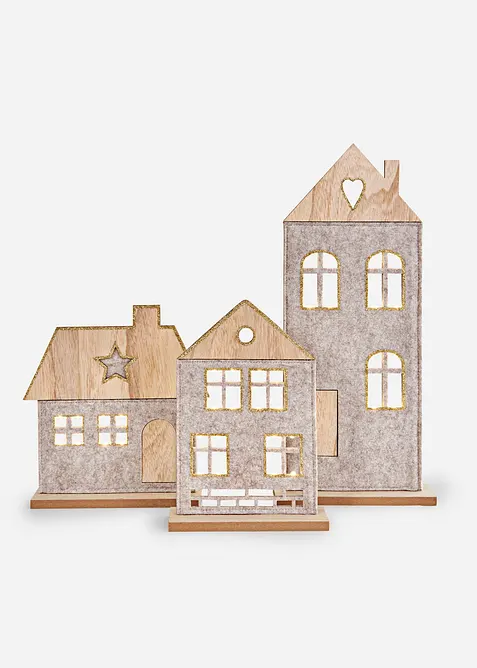 LED-Deko-Objekte Häuser (3-tlg. Set) in beige von vorne - bonprix