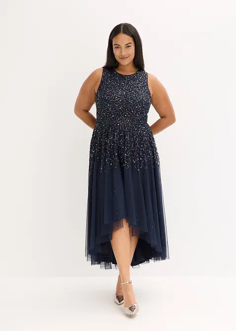 Vokuhila-Kleid mit Pailettenstickerei in blau von vorne (Totalaufnahme) - bonprix